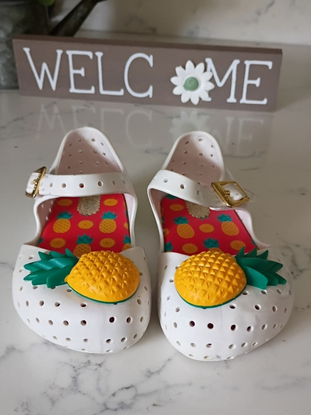 Mini Melissa White Pineapple Jelly Sandals with Gold Buckle
